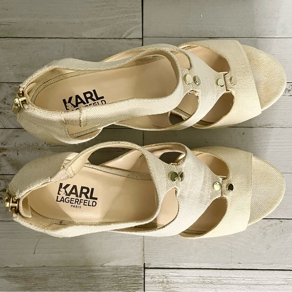 KARL LAGERFELD Savoie Canvas Cork Wedge Heel Open Toe Sandals - Picture 7 of 10